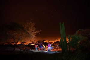 Bild einer sternenklaren Nachtaufnahme mit Menschen in der Bildmitte und brennender Serengeti im Hintergrund