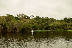 Foto eines Mannes in Weiß in einem Holzboot sitzend, das Wasser und den umliegenden Regenwald segnet und innehält